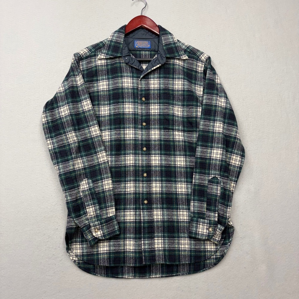 Pendleton Board Shirt Mens M Green Blue Plaid Wool Flannel Vintage Made in USA